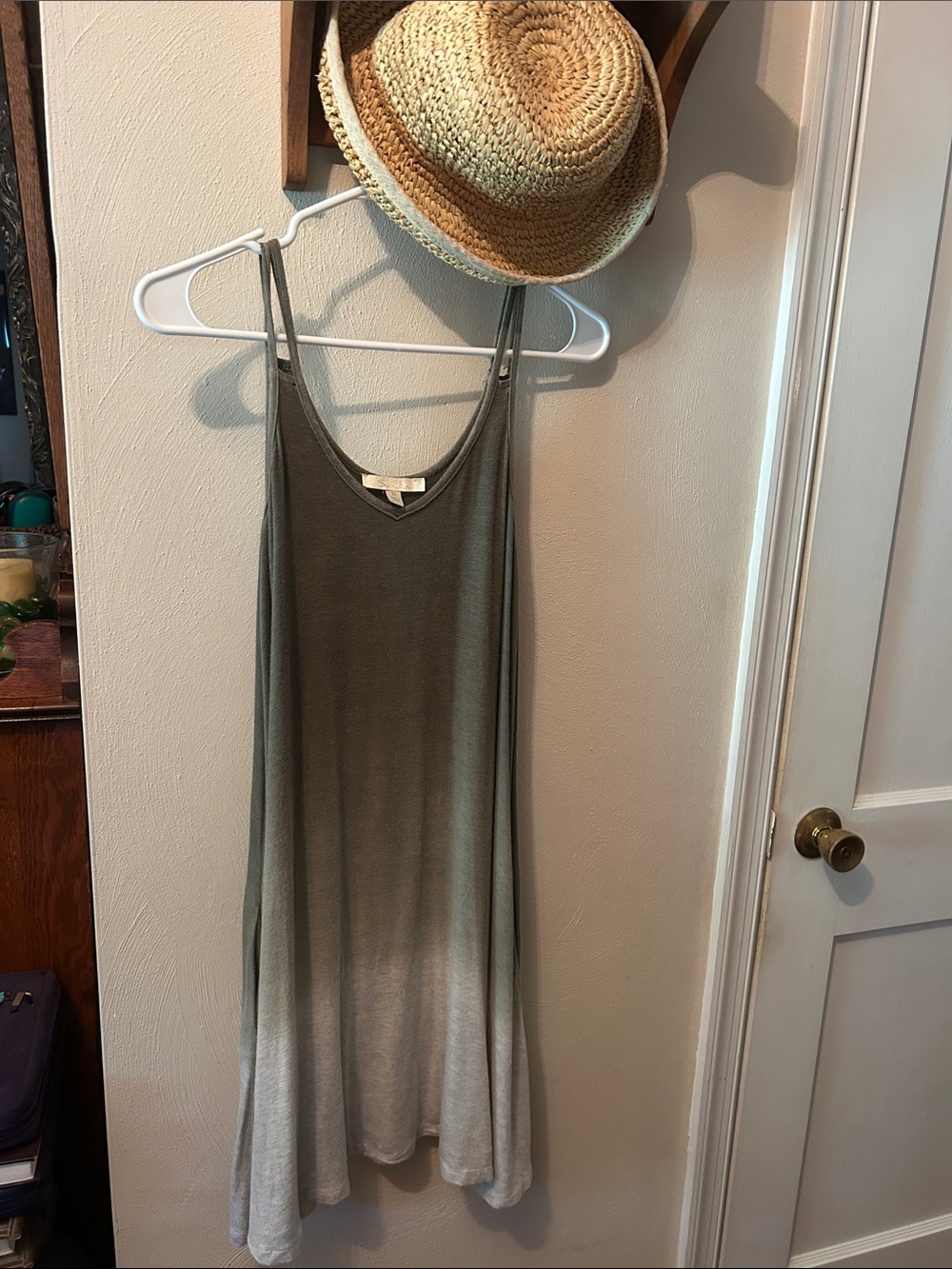 Olive to LtGray Ombre Swing Tank Dress/ side pockets, double spaghetti straps,XS